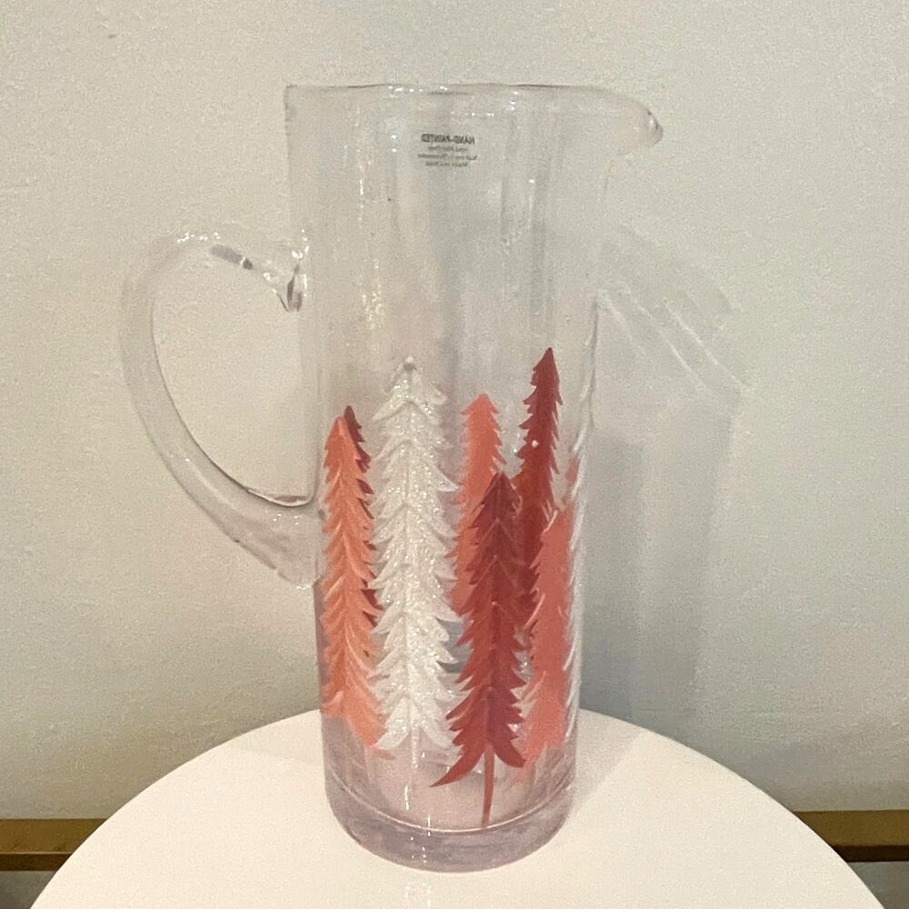 Hand-Painted Glass Pitcher Pink and White Christmas Pine Tree Forest New RARE